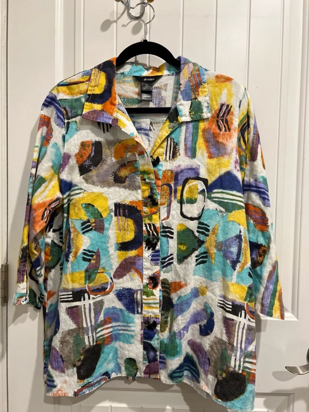 Ali Miles Multicolor Abstract Print Linen and Cotton Buttoned Down Shirt Sz XL